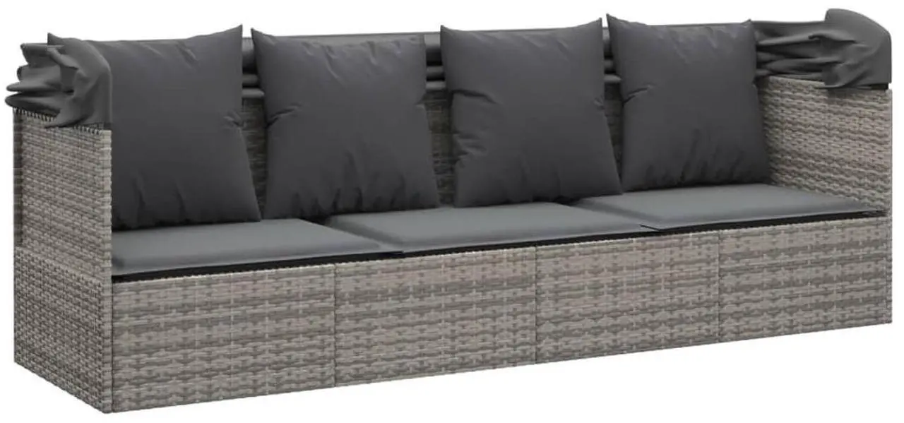 Alt view image 6 of 7 - vidaXL Patio Lounge Bed with Roof and Cushions Gray Poly Rattan