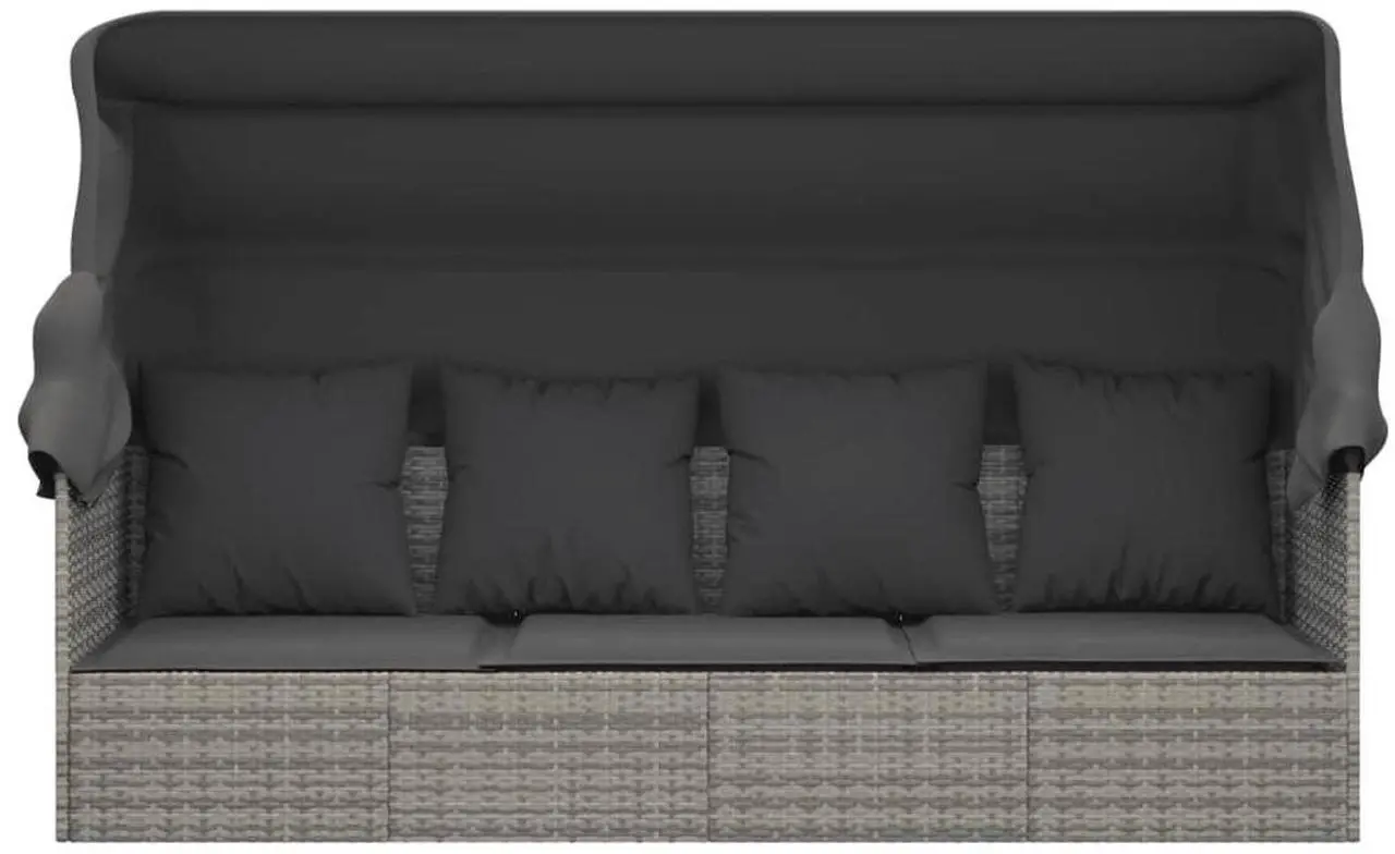 Alt view image 3 of 7 - vidaXL Patio Lounge Bed with Roof and Cushions Gray Poly Rattan