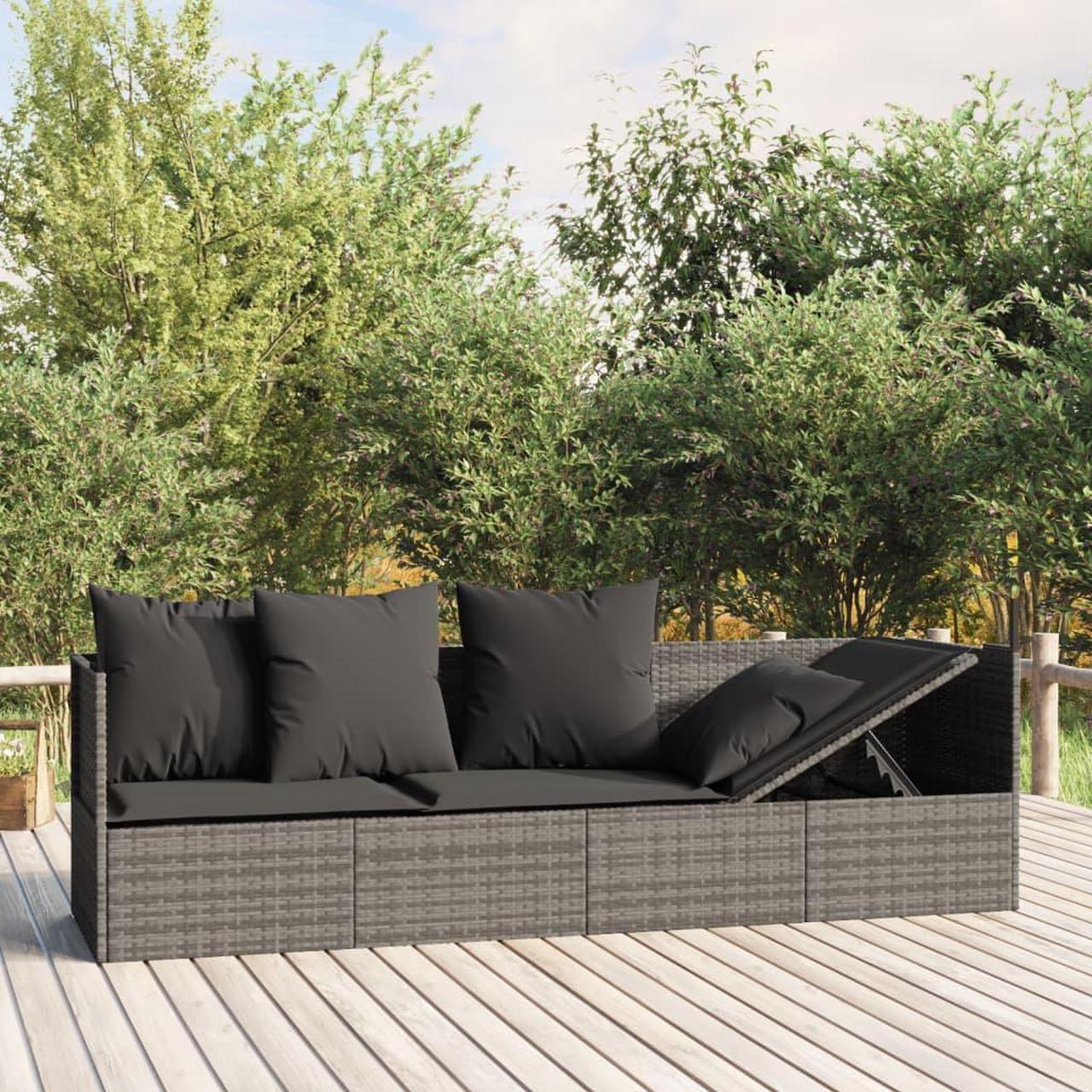 Main image of vidaXL Patio Lounge Bed with Cushions Gray Poly Rattan garden lounge bed