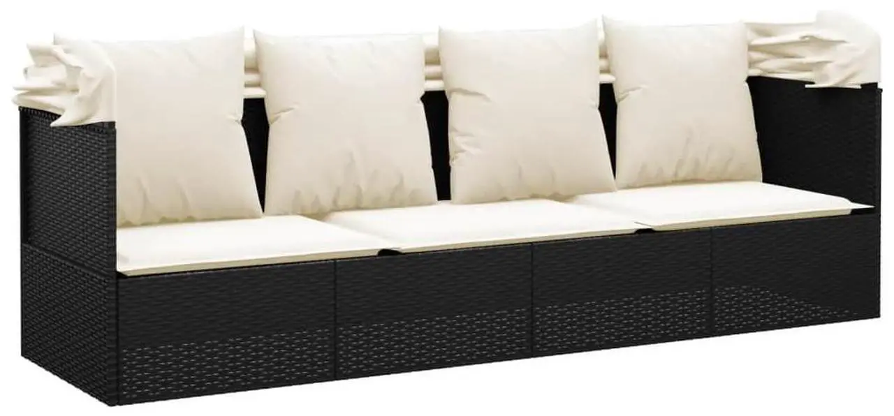 Alt view image 6 of 7 - vidaXL Patio Lounge Bed with Roof and Cushions Black Poly Rattan