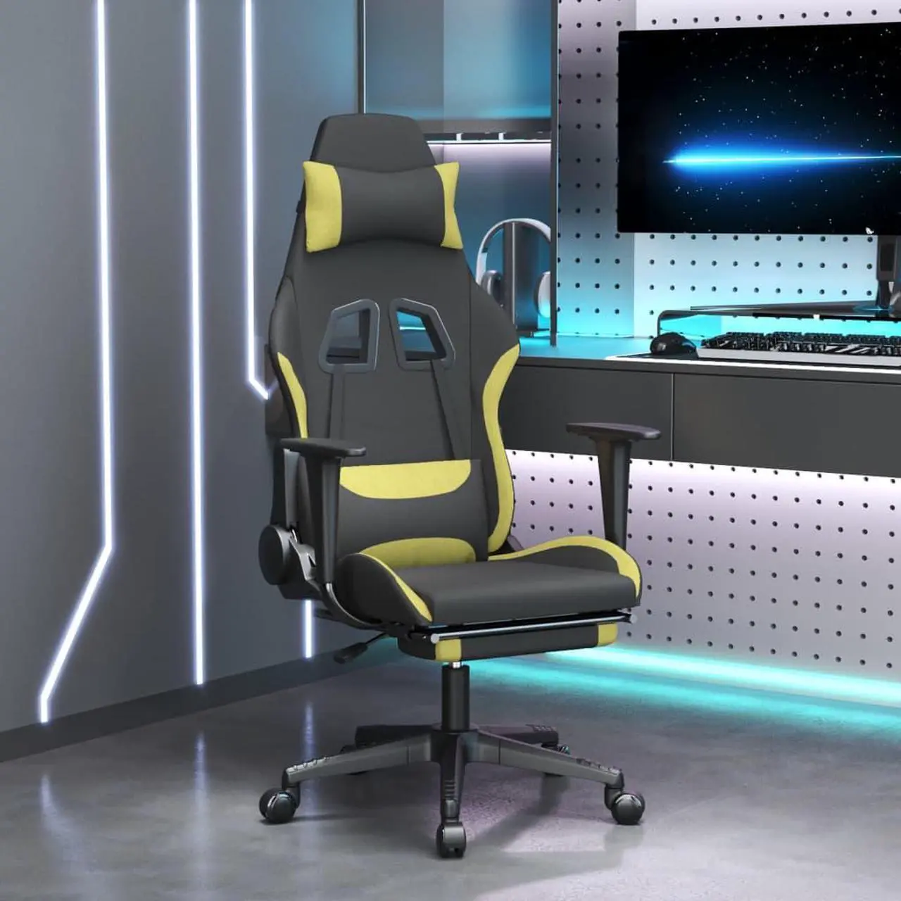 Alt view image 5 of 11 - vidaXL Gaming Chair with Footrest Black and Light Green Fabric