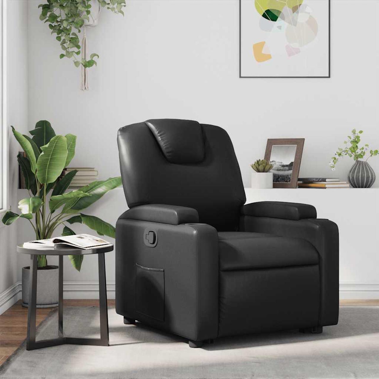 Main image of vidaXL Manual Recliner Chair for Living Room, Adjustable Recliner with Padded Seat & Backrest, Home Theater Seating with Side Pocket & Cup Holders, Black Leather