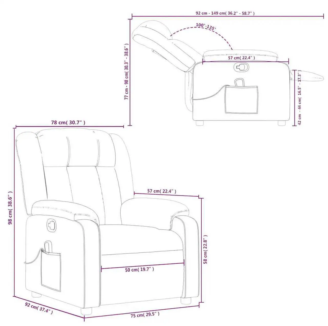 Alt view image 4 of 7 - vidaXL Massage Recliner Chair for Living Room, Adjustable Recliner with 6-Point Vibration Massage, Home Theater Seating with Padded Seat Backrest & Side Pocket, Cream Leather