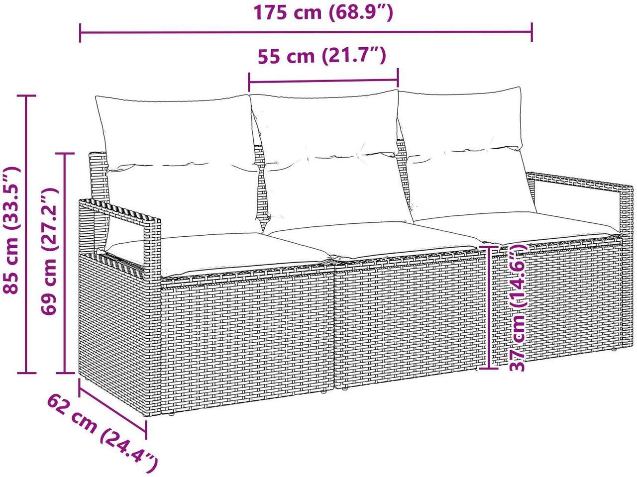 Alt view image 5 of 6 - vidaXL 3 Piece Garden Sofa Set with Cushions Brown Poly Rattan