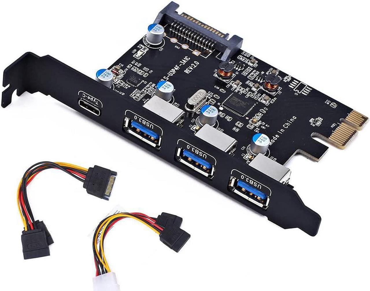 PCI-E to USB 3.0 Type C +3 Type A Expansion Card - Interface USB 3.0 4-Port Express Card Desktop with 15 pin SATA Power Connector [ Include with A 4pin to 2x15pin Cable + A 15pin to 2X 15pin SATA Y-C