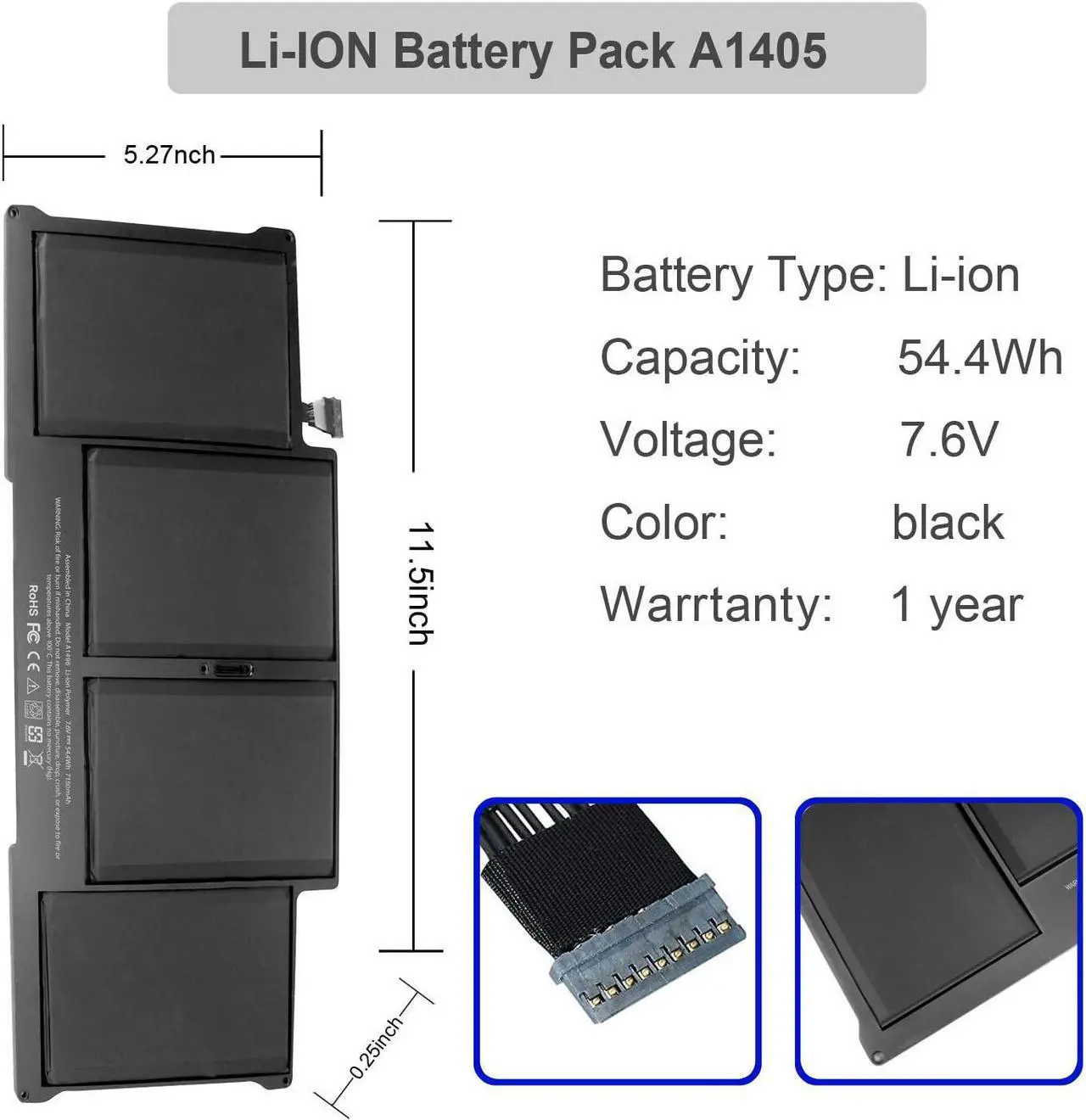 Alt view image 3 of 7 - A1466 A1496 A1405 Replacement Battery for MacBook Air 2017, Early 2015 Early 2014, Mid 2013 Mid 2012 Mid 2011, Late 2010 Fits A1396 A1405 A1496 A1377