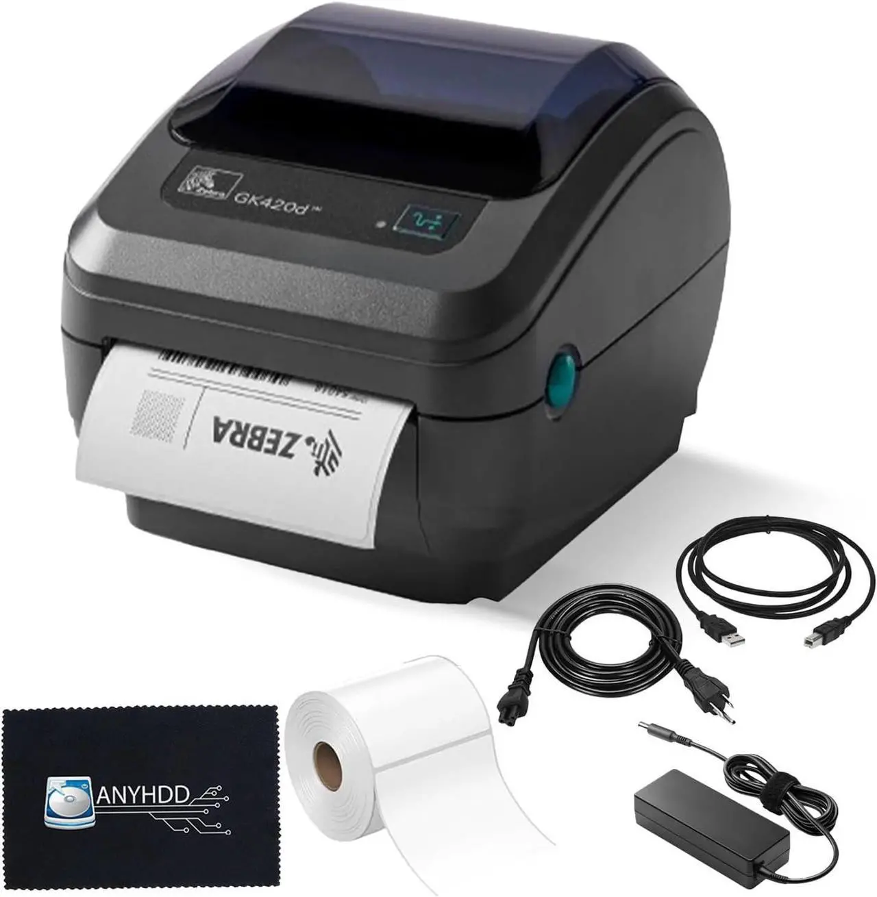 Main image of Ze bra GK420T Thermal Transfer Desktop Printer for Labels, Receipts, Bar codes, Tags - 1 Year Warranty with Power Cable + 24V AC Adapter + 4x6 Roll + USB 2.0 Cable + Microfiber Cloth