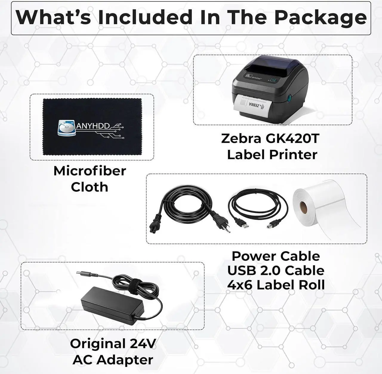 Alt view image 2 of 2 - Ze bra GK420T Thermal Transfer Desktop Printer for Labels, Receipts, Bar codes, Tags - 1 Year Warranty with Power Cable + 24V AC Adapter + 4x6 Roll + USB 2.0 Cable + Microfiber Cloth