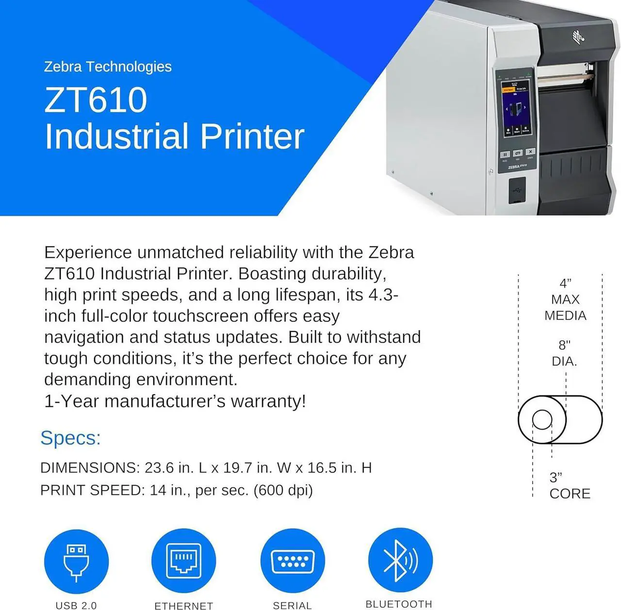 Alt view image 2 of 6 - Genuine ZT620 Thermal Printer - ZT62063-T010100Z