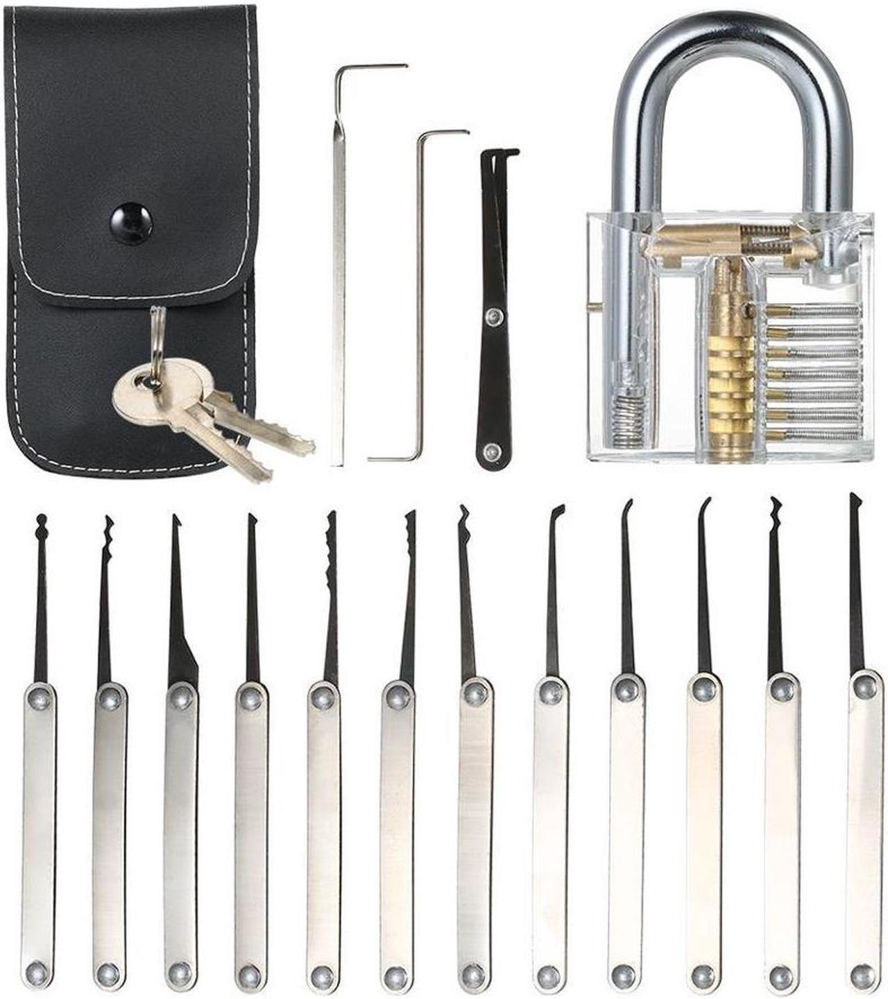 15pcs Lock Picking Set Kit Tool with Transparent Practice Training Padlock Lock for Locksmith Beginners and Professional