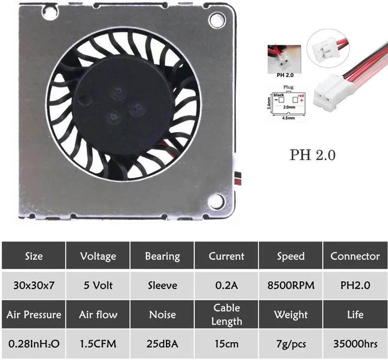 Alt view image 6 of 6 - 2 Pcs 3cm 3007S 30X30X7mm DC Cooling Fan 30mm 30mmx7mm 5V 0.2A Mini Blower 2Pin 3D Printer Cooler