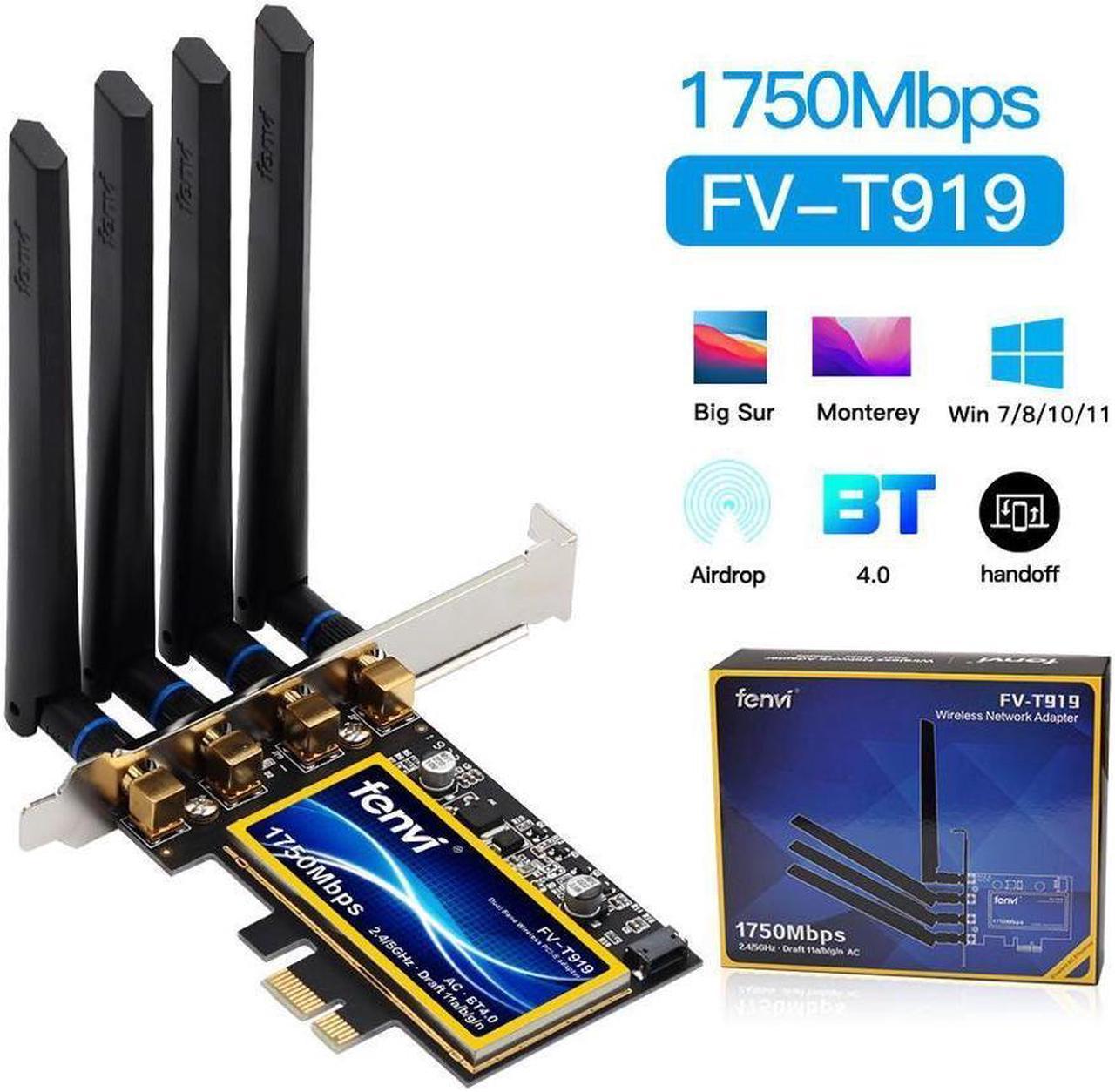 Fenvi T919 PCIe WiFi Card Adapter BCM94360 Network Bluetooth 4.0 For MacOS BigSur Monterey Hackintosh 1750Mbps 802.11ac Wi-Fi 2.4G/5GHz Dual Band Desktop PC Win 7/10/Windows 11