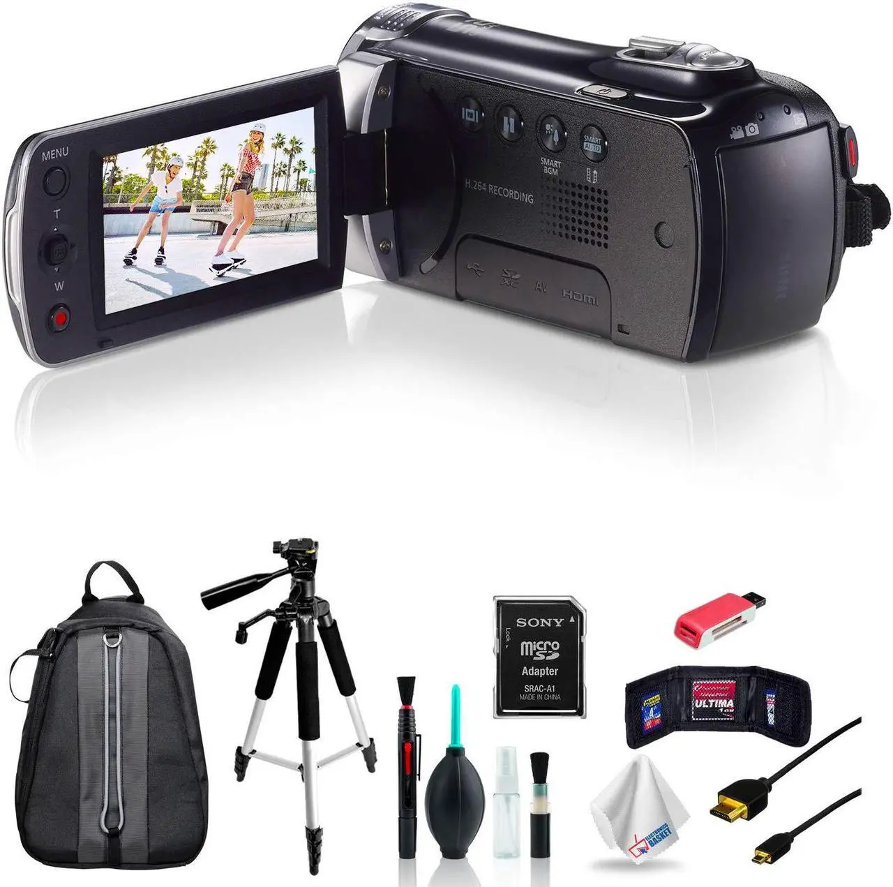 Main image of Samsung HMX-F90 Black Camcorder + Full-Size Aluminum Tripod + Deluxe Padded Backpack with Accessories Bundle