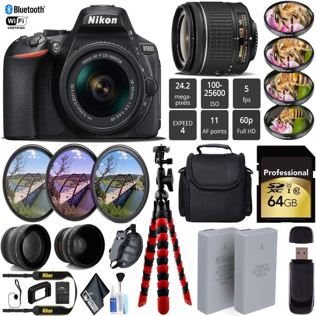 Alt view image 3 of 6 - Nikon D5600 DSLR Wi-FI NFC 24.2MP DX CMOS Camera AF-P 18-55mm VR Lens + LED Light kit + Wide Angle & Telephoto Lens - (Intl Model)