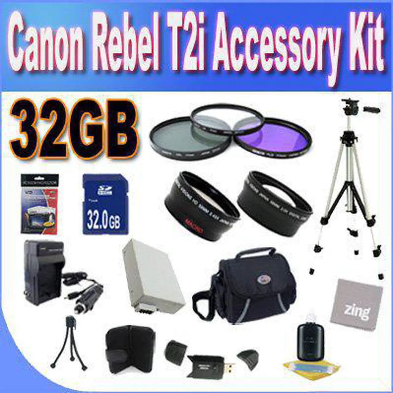 Alt view image 6 of 7 - Canon T2I Accessory Saver Kit (58mm Wide Angle Lens + 58mm 3 Piece Filter Kit + 32GB SDHC Memory + Extended Life Battery