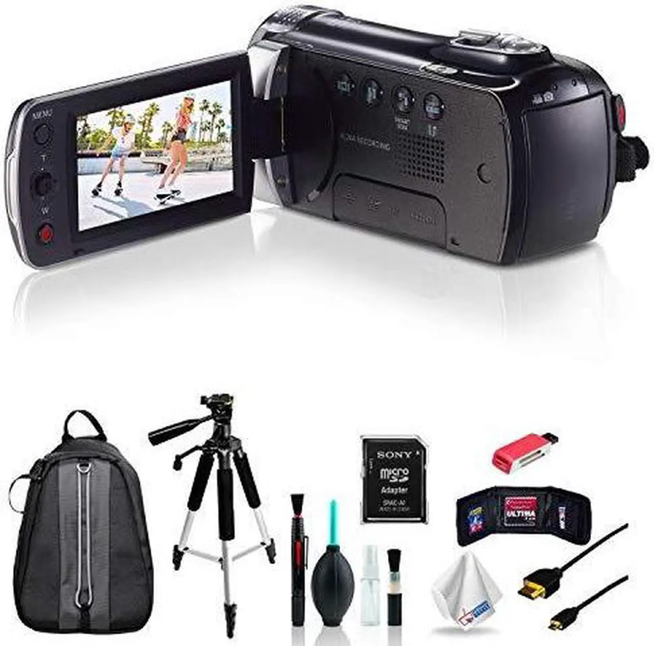 Alt view image 2 of 5 - Samsung HMX-F90 Black Camcorder + Full-Size Aluminum Tripod + Deluxe Padded Backpack with Accessories Bundle