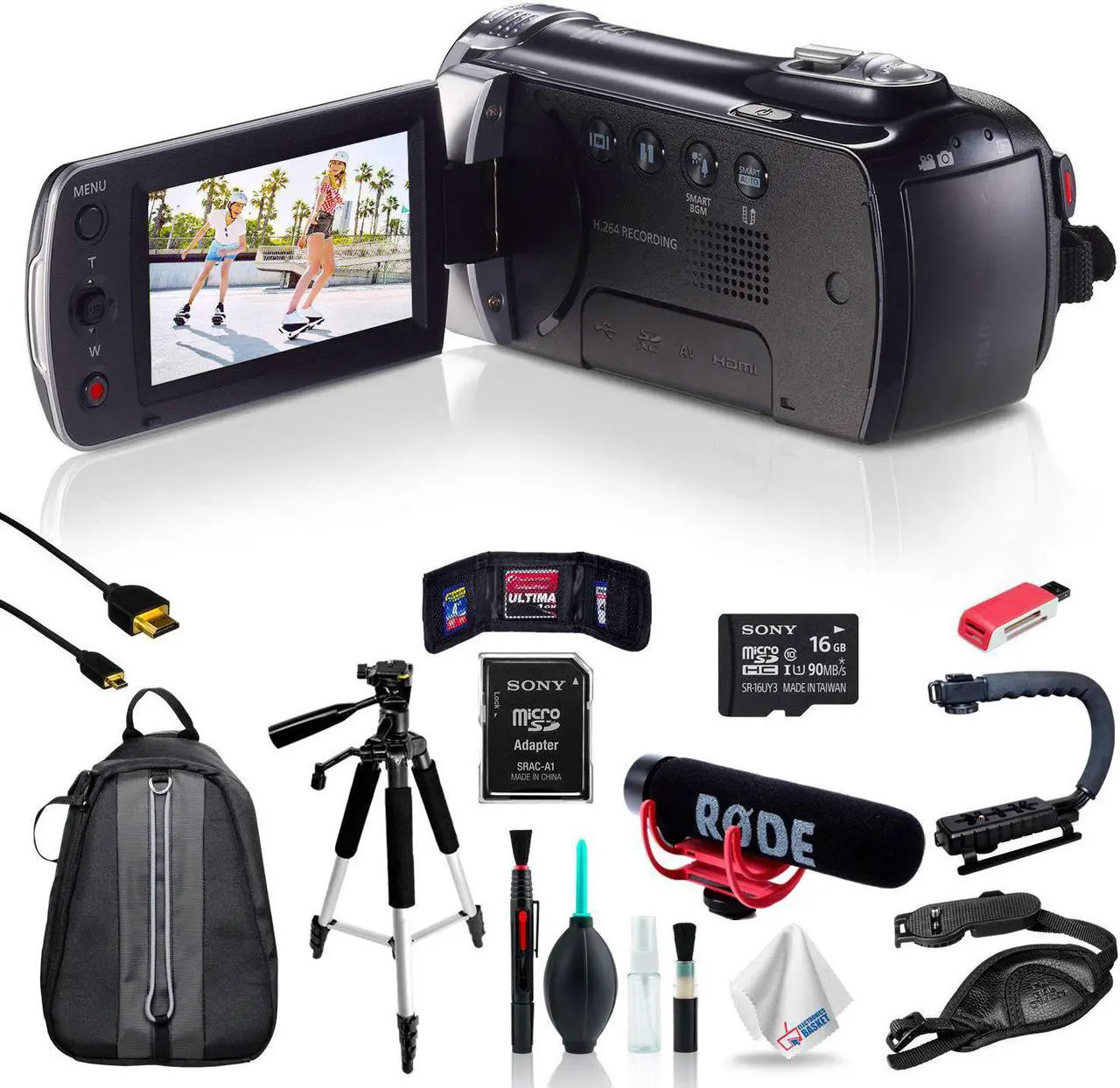 Main image of Samsung HMX-F90 Black Camcorder + 16GB mSDXC C10 Memory Card + Rode Microphone + Hands-Free Shoulder Mount Stabilizer + Stabilizing Handle/Video Grip + Full-Size Aluminum Tripod + Padded Backpack