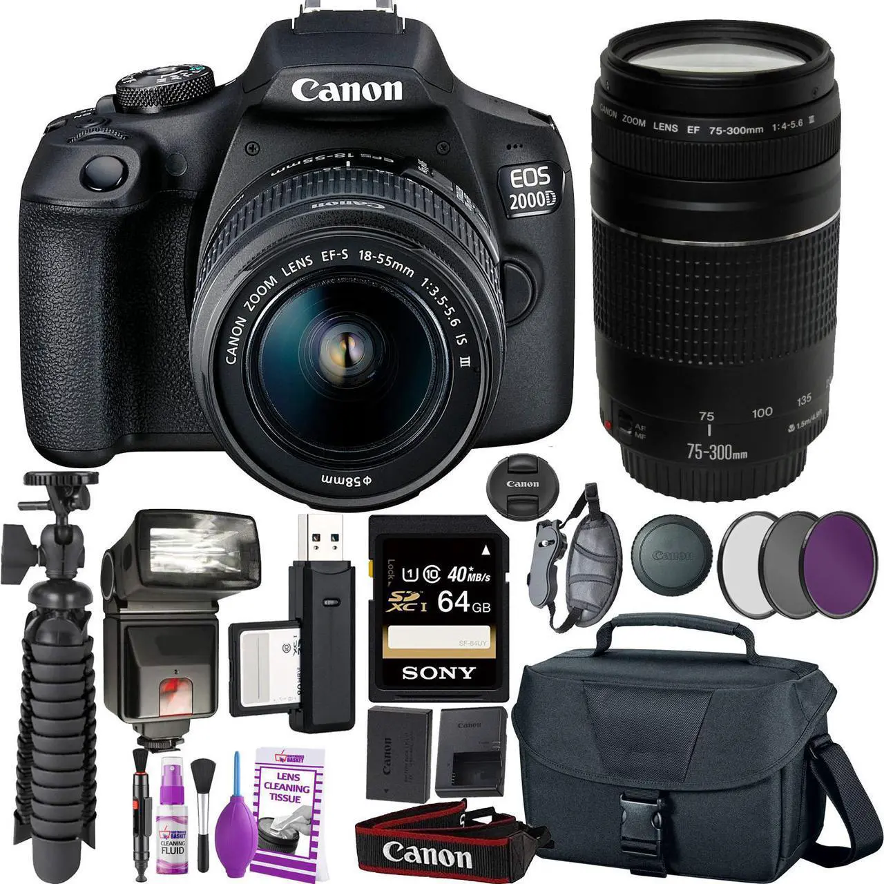 Main image of Canon EOS 2000D (Rebel t7) DSLR Camera and EF-S 18-55 mm f/3.5-5.6 IS III Lens + 75-300mm Telephoto Zoom Lens + 64GB Memory Card + Camera Bag + Cleaning Kit + Table Tripod + Flash + Filters
