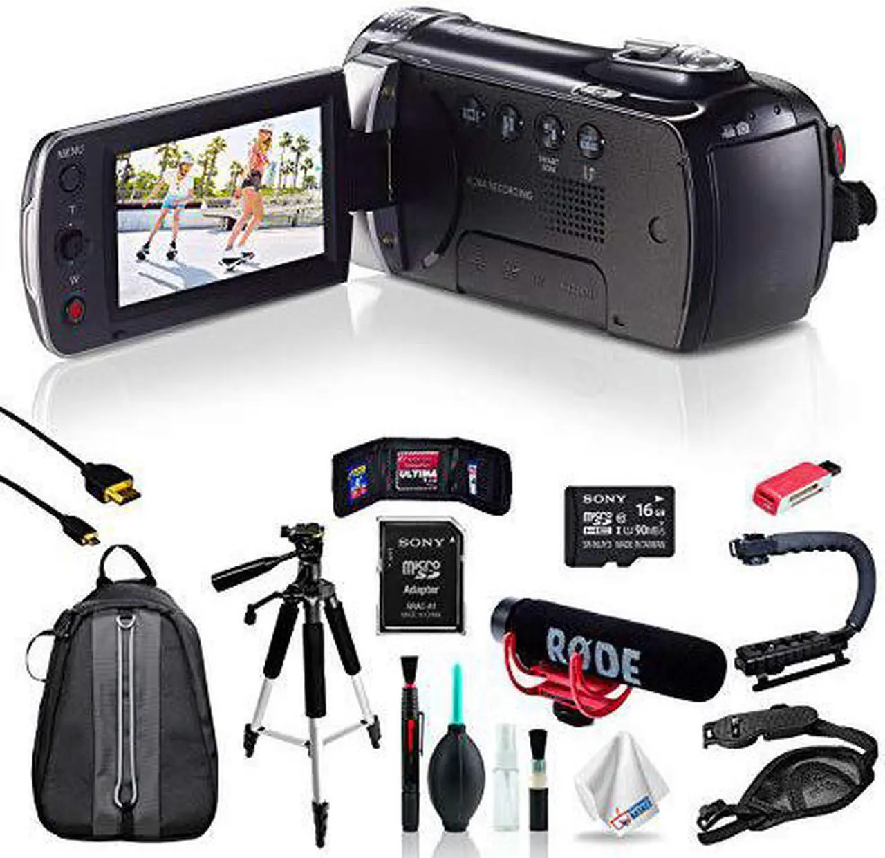 Alt view image 2 of 4 - Samsung HMX-F90 Black Camcorder + 16GB mSDXC C10 Memory Card + Rode Microphone + Hands-Free Shoulder Mount Stabilizer + Stabilizing Handle/Video Grip + Full-Size Aluminum Tripod + Padded Backpack