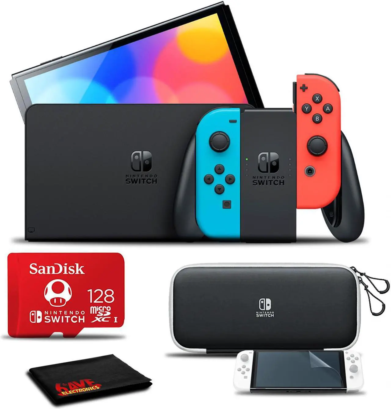 Main image of Nintendo Switch OLED Neon Blue/Red with 128GB Card, Carry Case Bundle