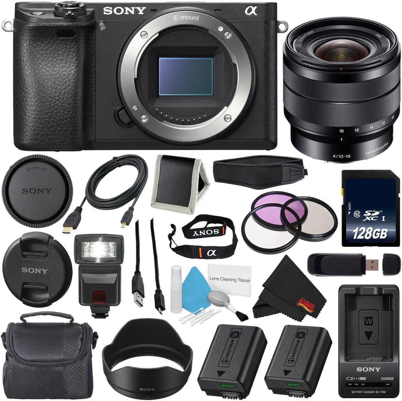 Main image of Sony Alpha a6300 Mirrorless Digital Camera  (International Model) No Warranty + Sony E 10-18mm f/4 OSS Lens + 62mm 3 Piece Filter Kit + NP-FW50 Replacement Lithium Ion Battery Bundle