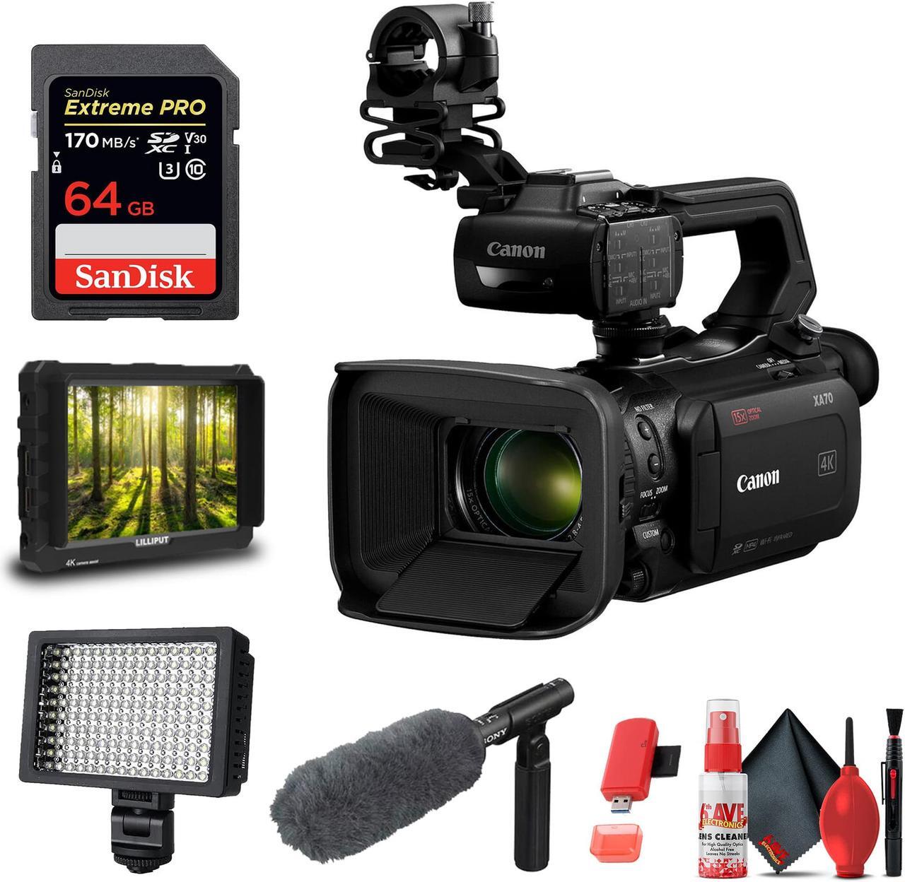 Main image of Canon XA70 Camcorder + Microphone, Video Monitor, LED Video Light, & 64GB Card