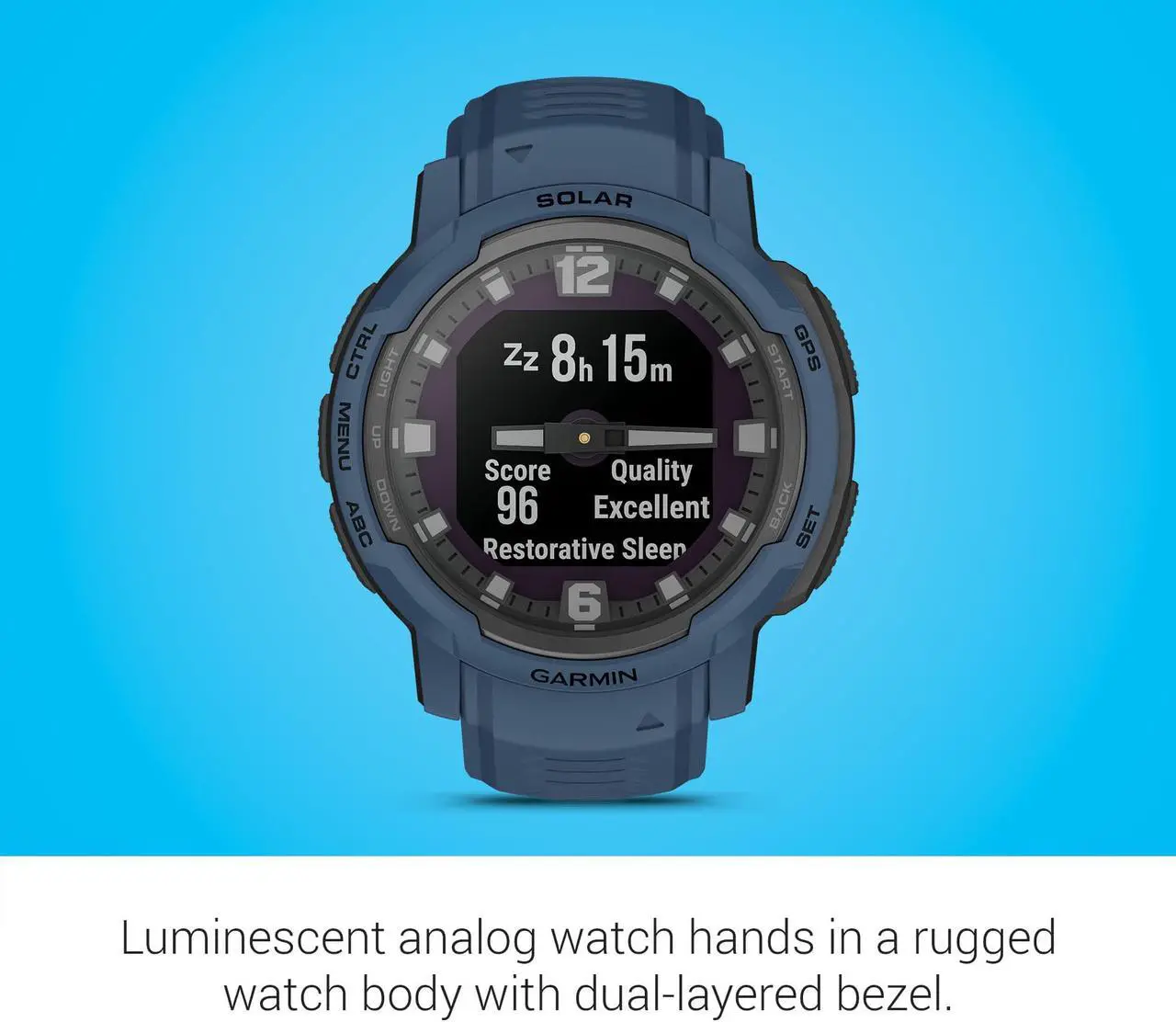 Alt view image 3 of 4 - Garmin Instinct Crossover Solar, Rugged Hybrid Smartwatch with Solar, Analog Hands and Digital Display, Tidal Blue
