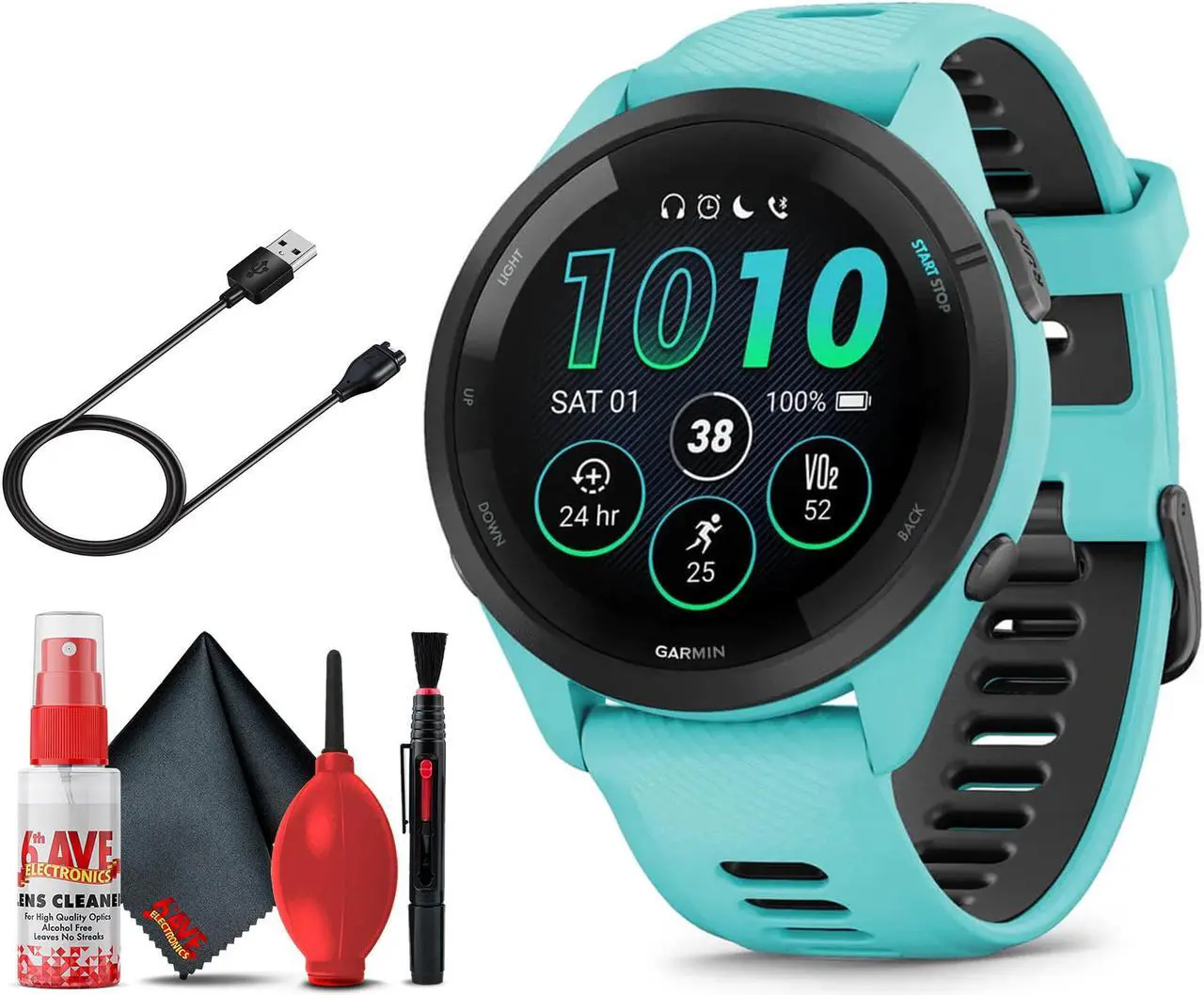 Main image of Garmin Forerunner 265 Smartwatch (Aqua) Bundle with 6Ave Cleaning Kit