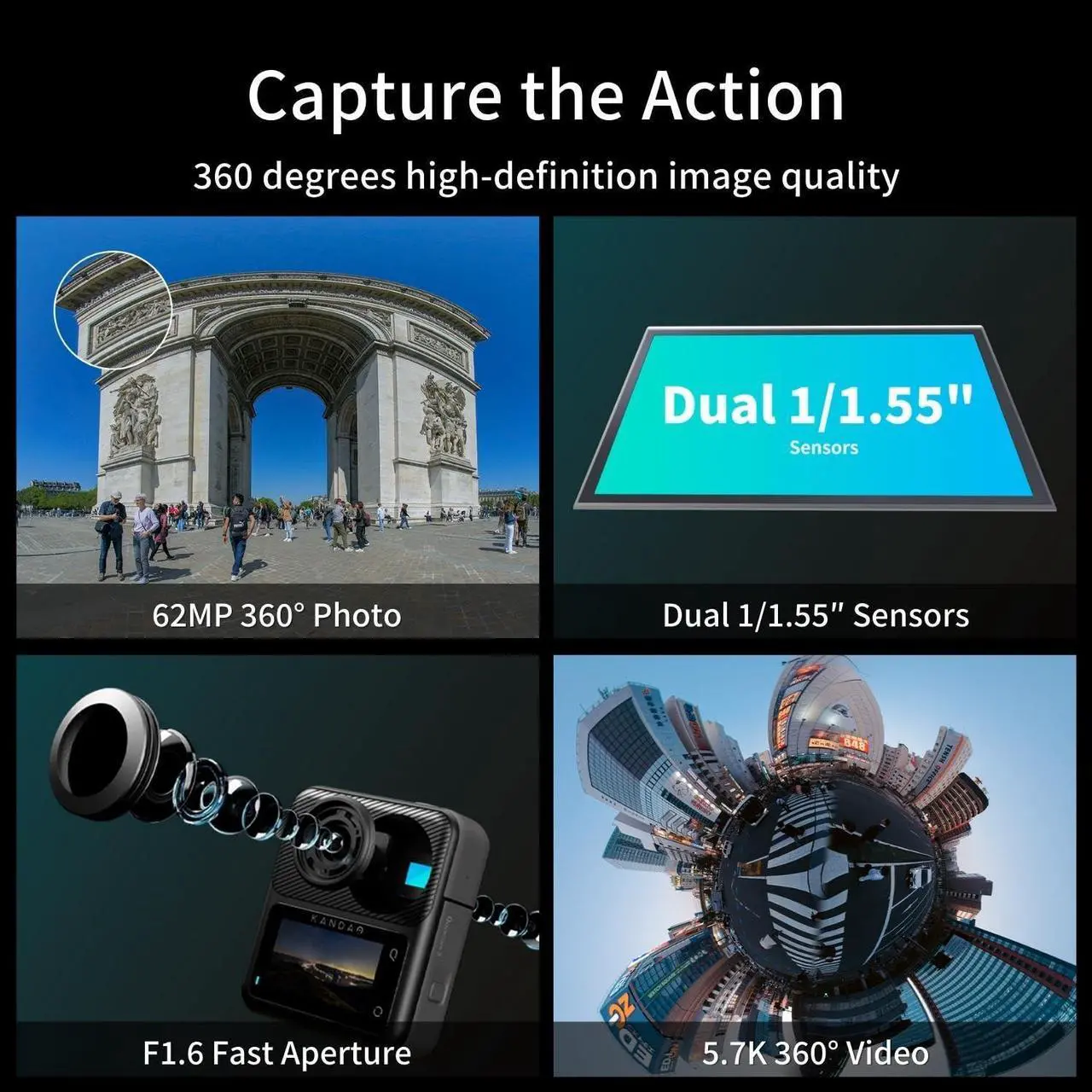 Alt view image 3 of 4 - KanDao QooCam 3 360 Action Camera, 5.7K 62MP 360 Sports Camera, Dual 1/1.55" Sensors Larger Aperture Camera, 60fps Flawless Video Camera, Outdoor Stabilization Waterproof Night Shot, Motorcycle Combo