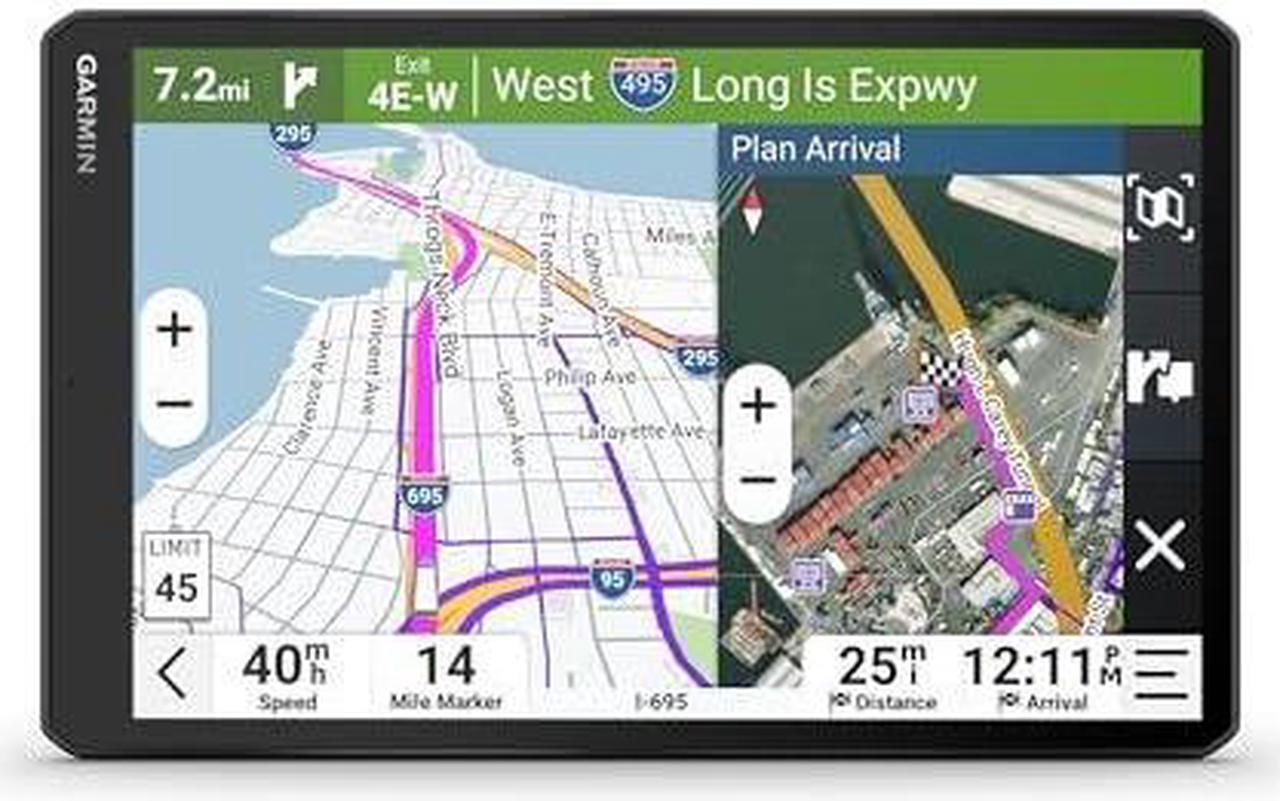Alt view image 7 of 7 - Garmin dzl OTR1020, Extra-Large High-Res 10 GPS Truck Navigator, Custom Truck Routing, Satellite Imagery, Wind Speed, Community-Shared Loading Docks, Dual-Orientation Display