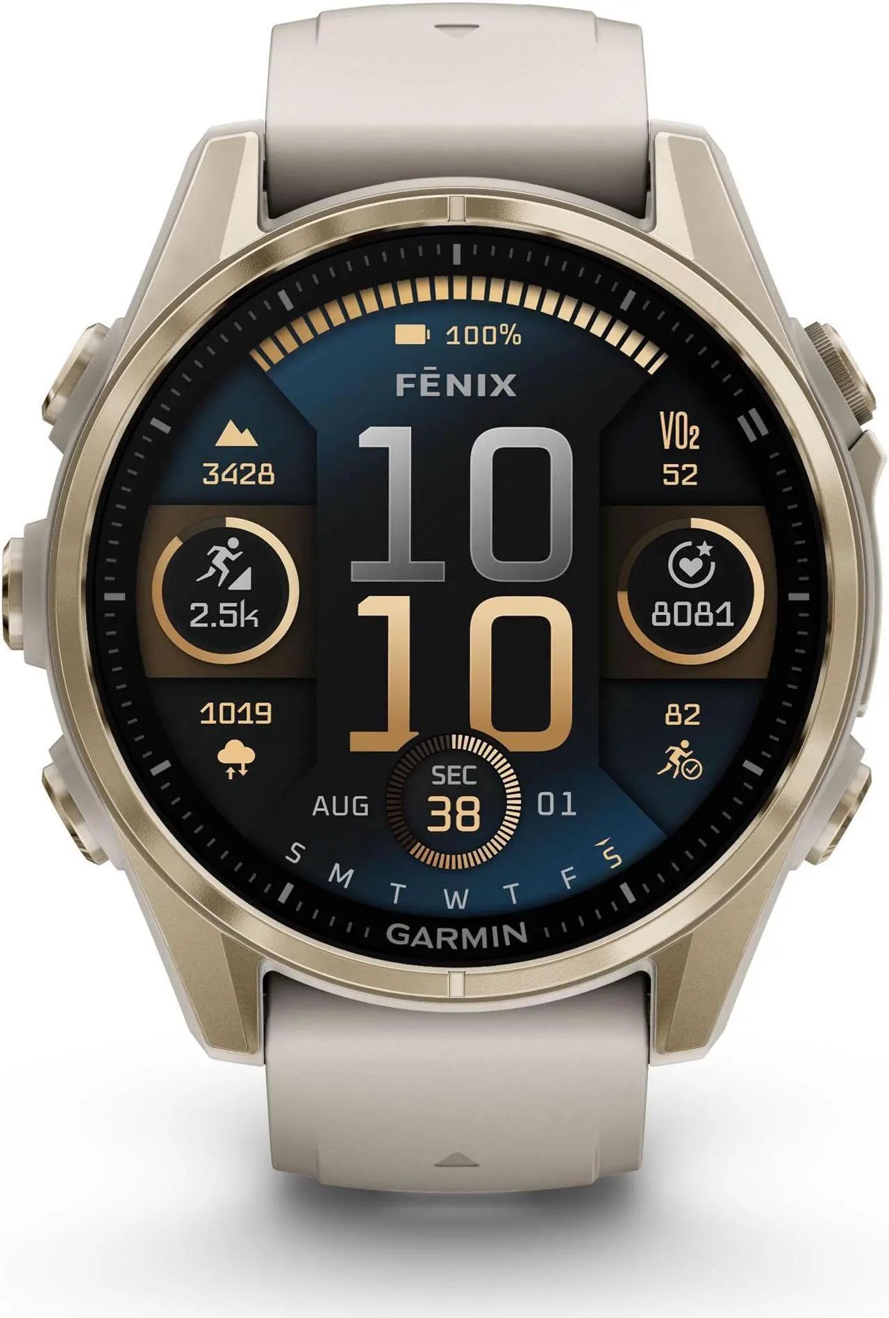 Alt view image 2 of 4 - fenix 8 43mm AMOLED Sapphire Soft Gold W/ Fog Gray/Dark Sandstone Silicone Band