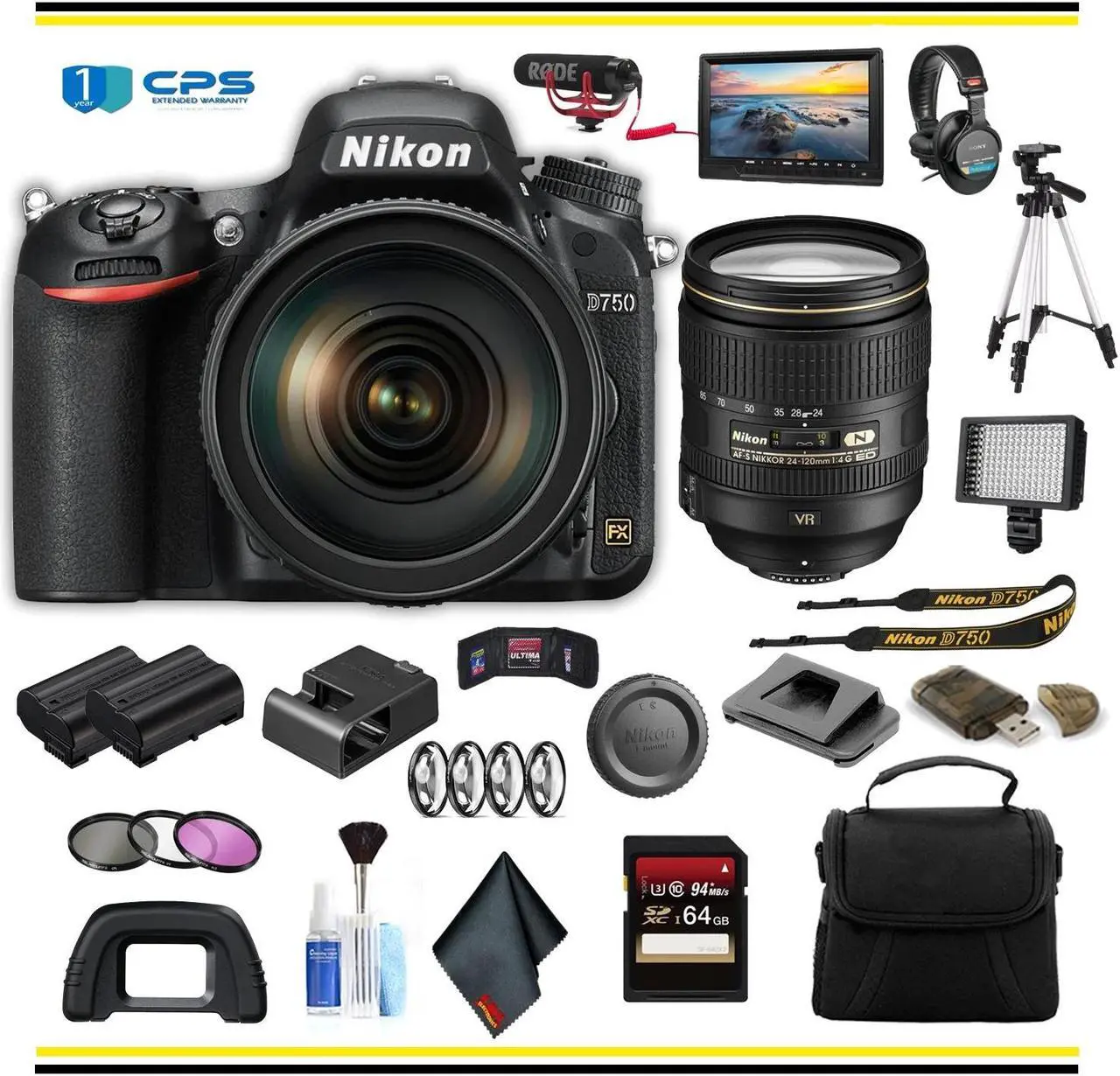 Alt view image 2 of 2 - Nikon D750 DSLR Camera with 24-120mm Lens Professional Bundle W/ Bag, Extra Battery, LED Light, Mic, Filters, Tripod, Monitor and More - (Intl Model)