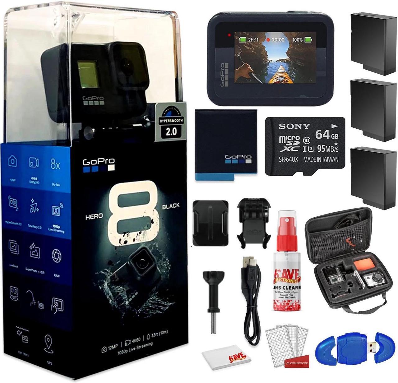 Alt view image 4 of 4 - GoPro HERO8 Black Digital Action Camera - Waterproof, Touch Screen, 4K UHD Video, 12MP Photos Live Streaming, Stabilization - With Cleaning Set + Case + 64GB Memory Card and 3 x Extra Batteries