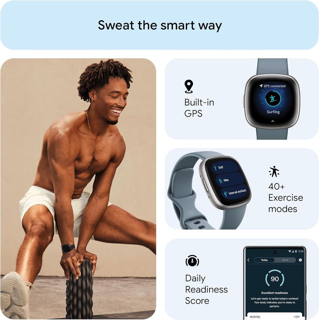 Alt view image 4 of 6 - Fitbit Versa 4 Fitness Smartwatch, Waterfall Blue / Platinum Aluminum | FB523SRAG-US