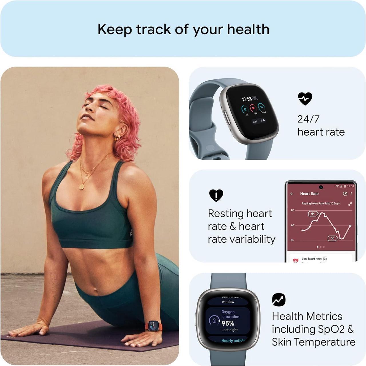 Alt view image 6 of 6 - Fitbit Versa 4 Fitness Smartwatch, Waterfall Blue / Platinum Aluminum | FB523SRAG-US