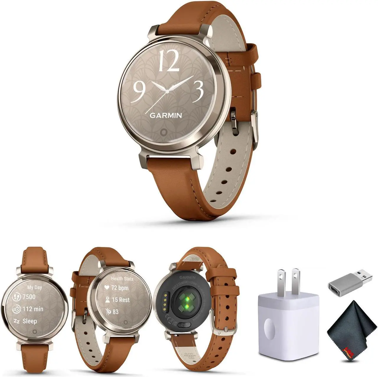 Main image of Garmin Lily 2 Classic, Small and Stylish Smartwatch Cream Gold with Tan Bundle