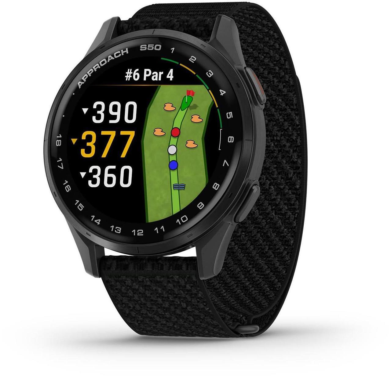Main image of Garmin Approach® S50, Advanced Golf GPS Smartwatch, AMOLED Display, On-Course Features, Wrist-Based Heart Rate, Slate Aluminum Bezel with Black ComfortFit Nylon Band