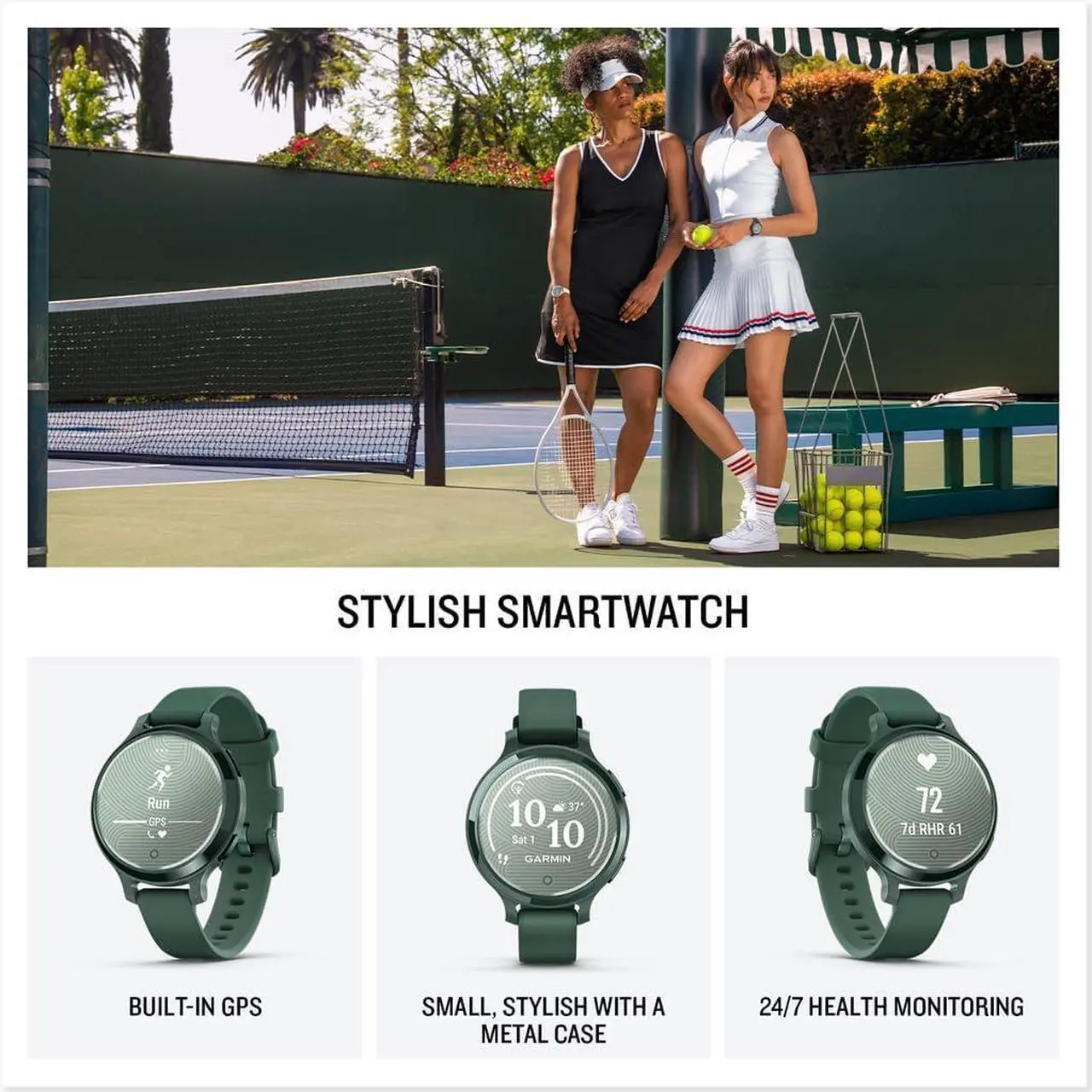 Alt view image 2 of 4 - Garmin Lily® 2 Active, Small and Stylish Smartwatch, Built-in GPS, Hidden Display, Patterned Lens, Up to 9 Days Battery Life, Jasper Green with Jasper Green Silicone Band