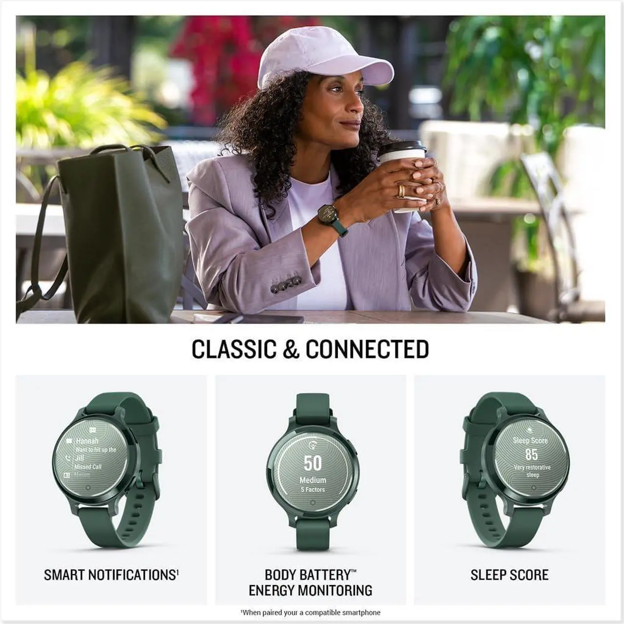 Alt view image 3 of 4 - Garmin Lily® 2 Active, Small and Stylish Smartwatch, Built-in GPS, Hidden Display, Patterned Lens, Up to 9 Days Battery Life, Jasper Green with Jasper Green Silicone Band