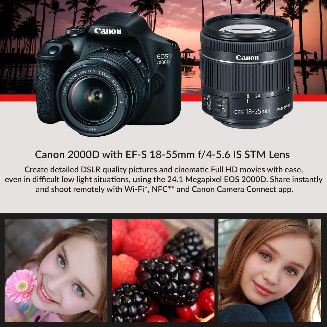 Alt view image 2 of 4 - Canon EOS 2000D (Rebel t7) DSLR Camera and EF-S 18-55 mm f/3.5-5.6 IS III Lens + 75-300mm Telephoto Zoom Lens + 64GB Memory Card + Camera Bag + Cleaning Kit + Table Tripod + Flash + Filters