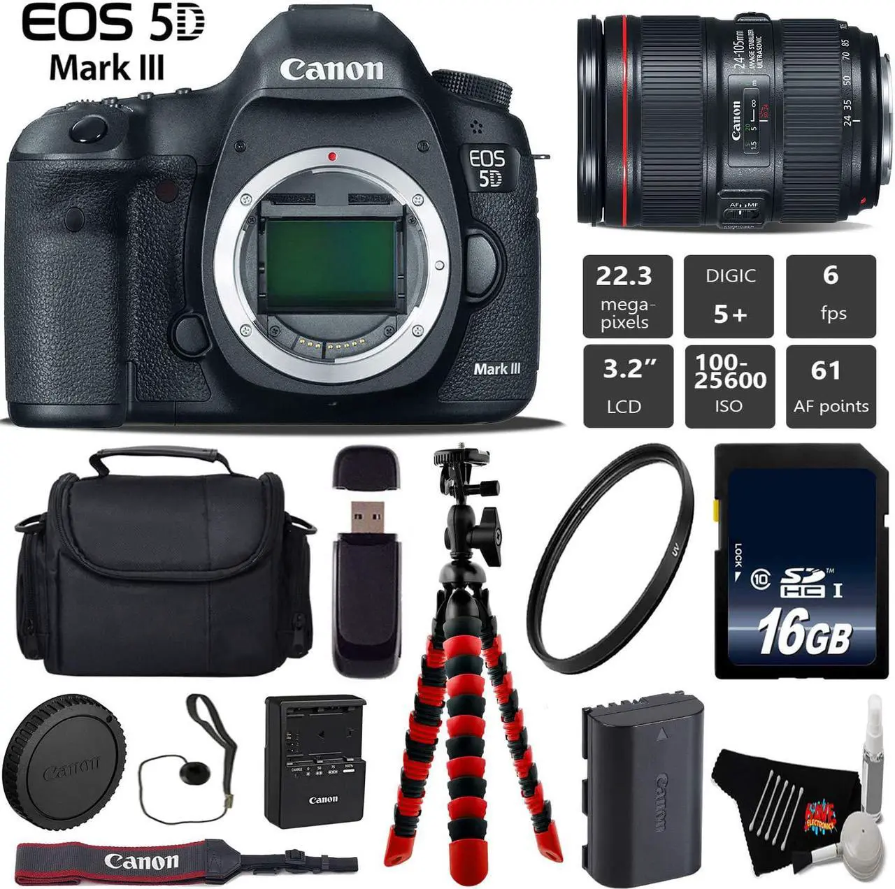 Main image of Canon EOS 5D Mark III DSLR Camera with 24-105mm f/4L II Lens + Tripod + Wireless Remote + UV Protection Filter + Case + Wrist Strap + Card Reader - Intl Model