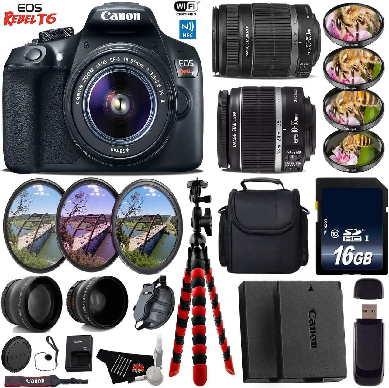 Main image of Canon EOS Rebel T6 DSLR Camera + 18-55mm IS Lens & 55-250mm IS II Lens + UV FLD CPL Filter Kit + 4 PC Macro Kit + Wide Angle & Telephoto Lens + Case + Tripod + Card Reader + Bundle (Intl Model)