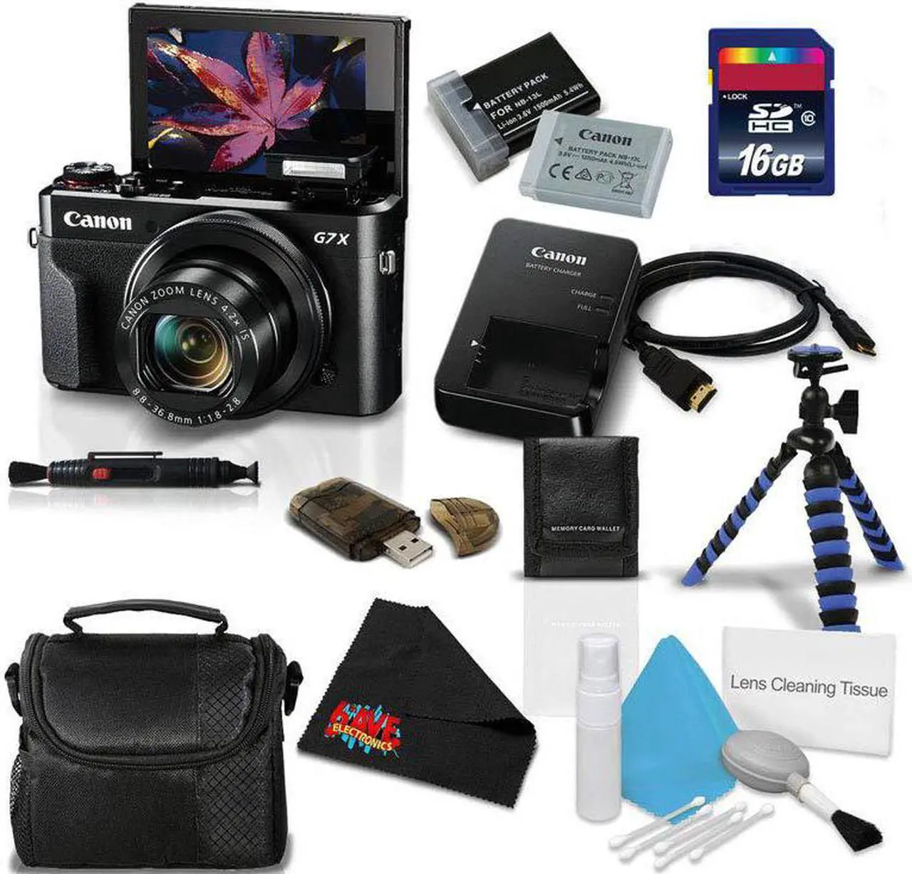 Main image of Canon PowerShot G7 X Mark II Digital Camera 1066C001 (International Model) + NB-13L Replacement Lithium Ion Battery + 16GB SDHC Class 10 Memory Card + Flexible Tripod with Gripping Rubber Legs Bundle