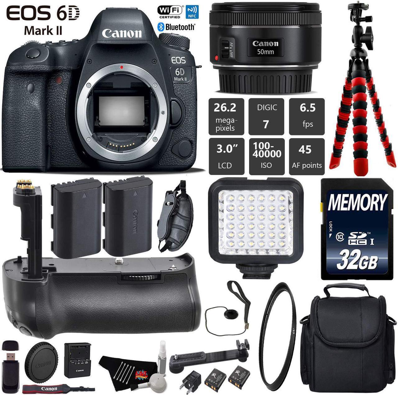 Main image of Canon EOS 6D Mark II DSLR Camera With 50mm 1.8 STM Lens + Wrist Strap + Professional Battery Grip + UV Protection Filter + LED Kit + Extra Battery + Case + Tripod + Card Reader - Intl Model
