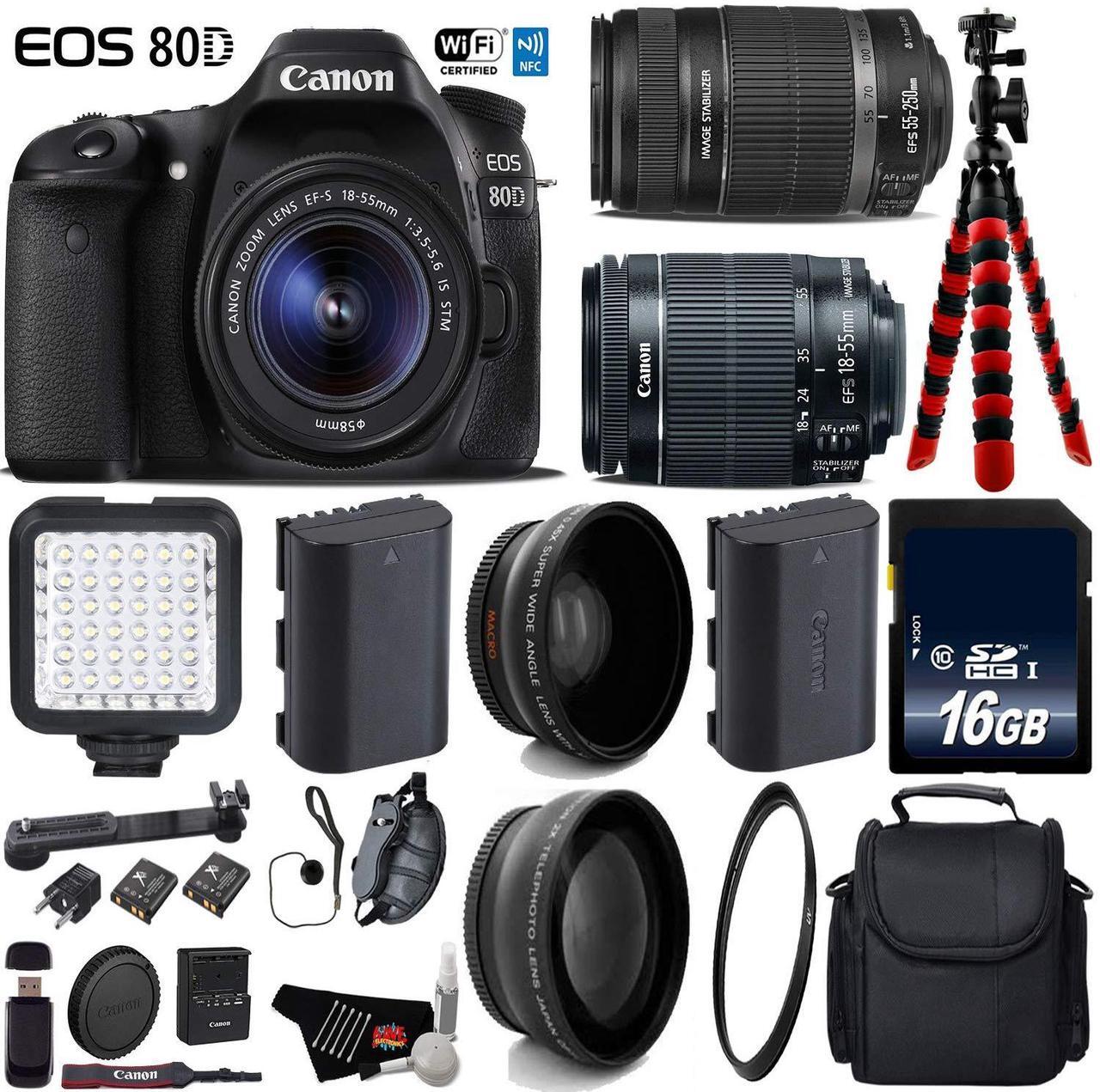 Main image of Canon EOS 80D DSLR Camera with 18-55mm is STM Lens & 55-250mm is II Lens + LED + UV FLD CPL Filter Kit + Wide Angle & Telephoto Lens + Camera Case + Tripod + Card Reader - Intl Model