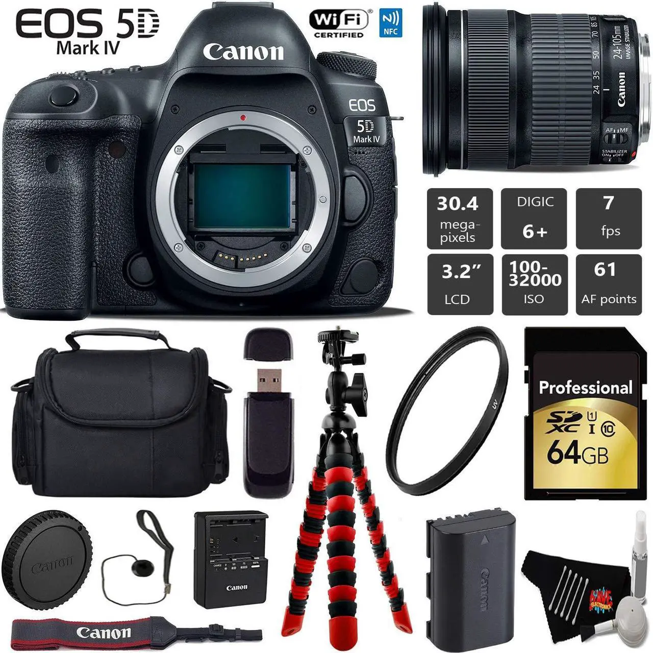 Main image of Canon EOS 5D Mark IV DSLR Camera with 24-105mm is STM Lens + Wireless Remote + UV Protection Filter + Case + Wrist Strap + Tripod + Card Reader - Intl Model