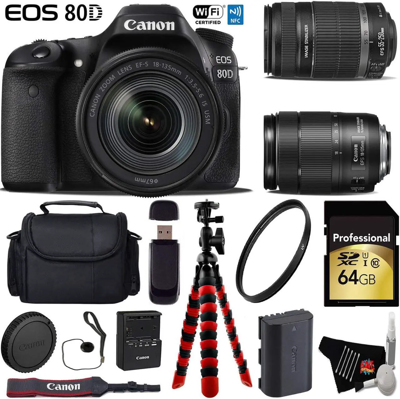 Main image of Canon EOS 80D DSLR Camera with 18-135mm is STM Lens & 55-250mm is II Lens + Professional Case + Flexible Tripod + UV Protection Filter + Card Reader - Intl Model
