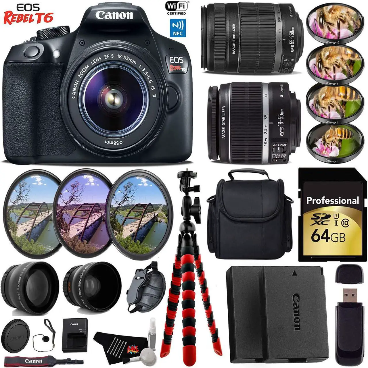 Main image of Canon EOS Rebel T6 DSLR Camera + 18-55mm IS Lens & 55-250mm IS II Lens + 4 PC Macro Kit + UV FLD CPL Filter Kit + Wide Angle & Telephoto Lens + Case + Tripod + Card Reader + Bundle (Intl Model)