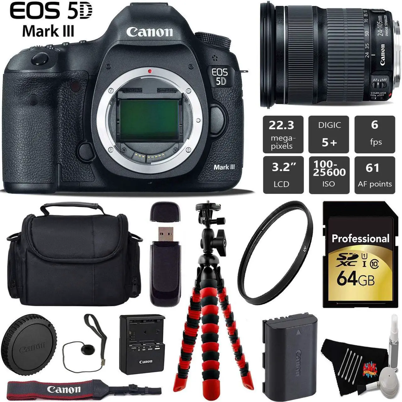 Main image of Canon EOS 5D Mark III DSLR Camera with 24-105mm is STM Lens + Wireless Remote + UV Protection Filter + Case + Wrist Strap + Tripod + Card Reader - Intl Model