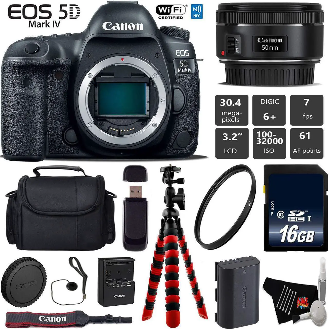 Main image of Canon EOS 5D Mark IV DSLR Camera with 50mm f/1.8 STM Lens + Tripod + Wireless Remote + UV Protection Filter + Case + Wrist Strap + Card Reader - Intl Model